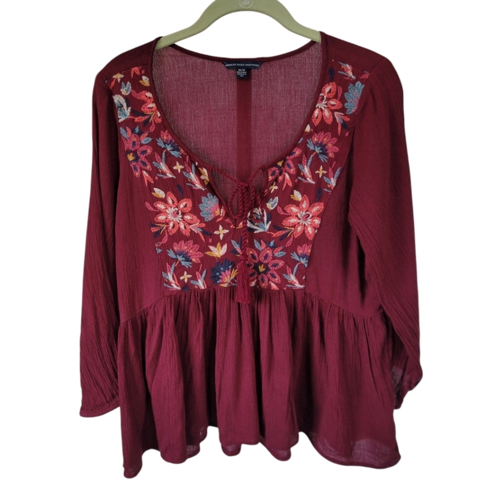 American Eagle Embroidered Babydoll Peasant Top XS Burgundy Boho